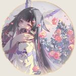  1girl absurdres arm_ribbon bare_shoulders black_hair border columbina_(genshin_impact) commentary_request dress flower genshin_impact gold_border hair_intakes head_tilt head_wings highres long_hair looking_at_viewer looking_to_the_side multicolored_hair off-shoulder_dress off_shoulder outside_border petals purple_eyes purple_hair rafaelaaa red_flower red_rose ribbon rose round_border sidelocks solo two-tone_hair white_dress white_wings wings 