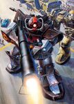  1980s_(style) bazooka_(gundam) cable car commentary_request crowd dom_(mobile_suit) dom_tropical_test_type dutch_angle firing gun gundam gundam_msv highres machine_gun mecha mecha_focus mobile_suit mobile_suit_gundam motor_vehicle muzzle_flash no_humans official_art one-eyed painting_(medium) perspective promotional_art radio_antenna realistic retro_artstyle robot scan science_fiction scope shield takani_yoshiyuki traditional_media truck weapon zaku_ii zeon 