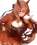  1girl animal_ears blowing_kiss blue_bow blue_eyes blush bow breasts brown_hair brown_sailor_collar cleavage commentary_request cropped_jacket ear_bow green_eyes hair_between_eyes hand_on_own_hip heart highres horse_ears horse_girl horse_tail iwashi_111 jacket large_breasts leaning_forward long_hair long_sleeves looking_at_viewer maruzensky_(formula_r)_(umamusume) maruzensky_(umamusume) one_eye_closed parted_lips red_jacket red_serafuku red_shirt red_skirt sailor_collar school_uniform serafuku shirt simple_background skirt solo tail umamusume white_background 