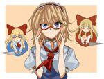  alice_margatroid bad_id bad_pixiv_id bespectacled blonde_hair blue_eyes blush blush_stickers bow capelet doll dress glasses hair_bow hairband hourai_doll kamo_(yokaze) matching_hourai matching_shanghai ribbon shanghai_doll short_hair sketch solo touhou weapon 