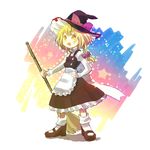 apron bad_id bad_pixiv_id blonde_hair bow braid broom buttons dress hachi_(8bit_canvas) hair_bow hair_ribbon hand_on_hip hat highres kirisame_marisa mary_janes open_mouth ribbon shoes short_hair socks solo star touhou witch_hat yellow_eyes 