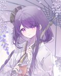  1girl absurdres blunt_bangs blurry blurry_background blush chinese_commentary closed_mouth commentary_request depth_of_field fan_hair_ornament flower genshin_impact head_tilt highres holding holding_umbrella japanese_clothes kimono kun2866584 light_particles long_hair long_sleeves looking_at_viewer makoto_(genshin_impact) oil-paper_umbrella purple_eyes purple_kimono red_sash sash shy solo umbrella upper_body wide_sleeves wisteria 