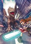  bad_id bad_pixiv_id brown_eyes brown_hair building chainsaw city destruction dragon highres nikerabi open_mouth pixiv_festa ponytail road torn_clothes 