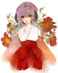  bad_id bad_pixiv_id detached_sleeves hakama hanyuu higurashi_no_naku_koro_ni horns japanese_clothes jiro_(ninetysix) long_hair miko purple_eyes purple_hair red_hakama solo 