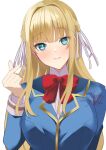  1girl blonde_hair bow bowtie braid hair_ribbon heaven_burns_red highres long_hair negino_yurine red_bow red_bowtie ribbon school_uniform signature simple_background toujou_tsukasa 