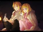  1girl :d ahoge bad_id bad_pixiv_id blanket blonde_hair couple cup edward_elric fullmetal_alchemist hetero long_hair mug open_mouth pajamas riru shared_blanket smile winry_rockbell 