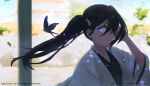 1girl absurdres black_hair bleach bleach:_epilogue blue_eyes blurry blurry_background bug butterfly commentary_request hair_over_one_eye haori highres japanese_clothes jcell kuchiki_rukia looking_back shihakusho side_ponytail solo taichou_haori twitter_username upper_body watermark white_haori 