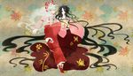  black_eyes black_hair fujiwara_no_mokou hamamu highres houraisan_kaguya japanese_clothes leaf long_hair multiple_girls pants red_eyes silver_hair suspenders touhou very_long_hair wavy_hair 