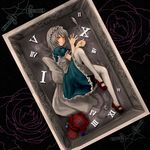  bad_id bad_pixiv_id braid flower grey_hair izayoi_sakuya john_marica knife lying maid maid_headdress mary_janes red_eyes red_flower red_rose roman_numerals rose shoes short_hair silver_hair solo thighhighs touhou twin_braids 