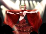  axis_powers_hetalia bad_id bad_pixiv_id bare_shoulders belgium_(hetalia) blonde_hair bracelet breasts cleavage dress flamenco flower frills green_eyes hair_flower hair_ornament hair_ribbon hairband jewelry kuroko_(sisisihati) large_breasts midriff mouth_hold navel ribbon rose shawl solo stage_lights 