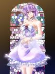  armpits bad_id bad_pixiv_id bags_under_eyes bare_shoulders breasts cleavage collarbone dress eyes formal hairband highres komeiji_satori large_breasts older ootsuki_wataru purple_eyes purple_hair short_hair smile solo stained_glass third_eye touhou 