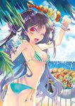  ;d ass beach bikini black_hair corn cu-rim day drink fang food grill grilling hair_ornament kebab long_hair looking_back one_eye_closed one_side_up open_mouth orange_eyes original salad side-tie_bikini smile solo strap_gap swimsuit tropical_drink very_long_hair 