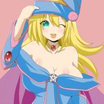  ;d bare_shoulders blonde_hair breasts choker cleavage dark_magician_girl duel_monster green_eyes hat large_breasts long_hair one_eye_closed open_mouth pentacle pentagram pink_background shuruken_(yuumo) simple_background smile solol wizard_hat yuu-gi-ou yuu-gi-ou_duel_monsters 