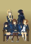  akiyama_mio bench black_hair blazer blonde_hair blue_eyes brown_eyes brown_hair hairband highres hime_cut hirasawa_yui jacket k-on! kneehighs kotobuki_tsumugi long_hair multiple_girls nakano_azusa pantyhose pohi_g school_uniform shoes short_hair skirt socks tainaka_ritsu uwabaki 