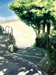  dappled_sunlight day grass koban_(times) nature no_humans ocean original path railing road scenery shade stairs sunlight tree tree_shade 