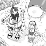  1boy 1girl aged_down bandai_namco blunt_bangs blunt_sidelocks blush bracelet braid bush child cliff closed_mouth collarbone commentary_request curtained_hair drum drumsticks emapippi from_above greyscale hair_tie hairband half_updo hands_on_own_hips hatching_(texture) holding holding_drumsticks holding_wrench instrument japanese_clothes jewelry kariginu kimono linear_hatching long_hair looking_at_another looking_at_viewer looking_up low-braided_long_hair low-tied_long_hair monochrome obi official_art outdoors parted_bangs perspective print_kimono puff_of_air robot sandals sash second-party_source shinono_(taiko_no_tatsujin) short_sleeves sidelocks sitting sitting_on_robot smile split_mouth standing straight_hair taiko_drum taiko_no_tatsujin taiko_sticks tasuki tetsuo_(wadiverse)_(taiko_no_tatsujin) three-quarter_sleeves topknot twin_braids very_long_hair wada_tetsuo wrench zouri 