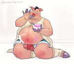 absurd_res anthro baby_kicking balls basil_(mikrogoat) belly bodily_fluids bottomwear clothing container cup denim denim_bottomwear denim_clothing denim_shorts dessert ear_piercing ear_ring eating food foreskin genital_fluids genitals head_tuft hi_res hooves ice_cream legwear male mammal maternity_clothes mikrogoat overweight overweight_male penis piercing precum precum_squirt precum_string pregnant pregnant_male pubes ring_piercing shorts sitting sitting_on_ground solo stockings sucking suid suine thumb_suck tuft vein veiny_penis