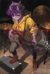 2026 absurd_res anthro artist_name big_breasts biped bottomwear breasts catheadyy ceratopsian ceratopsid chasmosaurine clothed clothed_anthro clothed_female clothing colored cymbals dated digital_media_(artwork) digital_painting_(artwork) dinosaur drum electric_guitar facial_horn female fingers footwear freckled_face freckles frill_(anatomy) front_view goodbye_volcano_high grey_bottomwear grey_clothing grey_pants guitar hair hi_res holding_guitar holding_musical_instrument holding_object hoodie horn humanoid_hands ko_op_(game_developer) looking_down marginocephalian markings musical_instrument non-mammal_breasts ornithischian painting_(artwork) pants percussion_instrument plucked_string_instrument prehistoric_species purple_body purple_eyes purple_hair red_clothing red_footwear red_shoes reptile scalie shaded shadow shoes short_hair smile solo spots spotted_markings standing string_instrument tail text three-quarter_view topwear triceratops trish_(gvh) wire yellow_clothing yellow_hoodie yellow_topwear