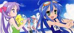  ahoge artist_request ball bare_shoulders beach beachball blue_eyes blue_hair bow closed_eyes cloud collarbone day food fruit glasses goggles goggles_on_head green_eyes hair_bow hair_ribbon hat highres hiiragi_kagami hiiragi_tsukasa izumi_konata long_hair lucky_star mole mole_under_eye multiple_girls ocean official_art one-piece_swimsuit outdoors pink_hair profile purple_hair ribbon school_swimsuit short_hair sky smile stretch swimsuit takara_miyuki tareme tsurime twintails watermelon 