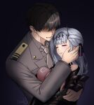  1boy 1girl bandaged_head bandages black_tiara breasts closed_eyes commander_(nikke) commentary covered_eyes english_commentary goddess_of_victory:_nikke grey_hair hair_over_eyes hair_ribbon highres hoshiberuu hug long_hair military_uniform modernia_(nikke) modernia_(second_affection)_(nikke) official_alternate_costume ribbon tiara 