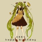  :p apron bad_id bad_pixiv_id dress flower green_eyes green_hair hair_ribbon hairband happy_birthday hatsune_miku headset highres long_hair meisa plant ribbon roots shoes solo standing tongue tongue_out turtleneck twintails very_long_hair vocaloid 