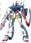 1990s_(style) artist_request beam_rifle commentary_request energy_gun gundam highres looking_at_viewer magazine_scan mecha mecha_focus mobile_suit no_humans official_art orange_eyes production_art promotional_art retro_artstyle robot scan science_fiction shield traditional_media turn_a_gundam turn_a_gundam_(mobile_suit) v-fin weapon 