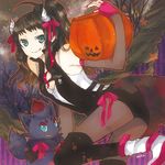  :q aqua_eyes boots brown_hair buzz camisole fingerless_gloves gen_5_pokemon gloves halloween horns jack-o'-lantern pantyhose pokemon pokemon_(creature) pokemon_(game) pokemon_bw ponytail pumpkin ribbon thighhighs tongue tongue_out touko_(pokemon) vest zorua 