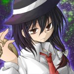  bad_id bad_pixiv_id black_hair brown_eyes face hair_ribbon hat holding long_sleeves lowres natsume_(iravati-4u) necktie pocket_watch ribbon shirt short_hair solo touhou usami_renko watch white_shirt 