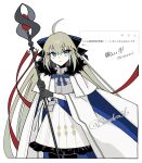  1girl aesc_(fate) aesc_(savior)_(fate) ahoge armor black_bow black_gloves blonde_hair blue_eyes bow breastplate cape expressionless fate/grand_order fate_(series) fur_trim gloves hair_bow highres holding holding_staff long_hair skirt solo staff tokumori_ramen twitter_username very_long_hair white_cape 