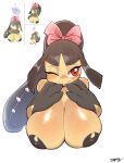 2026 2_mouths 3_fingers big_breasts blush bow_ribbon breasts bust_portrait don't_attack_me_mawile eyebrows eyelashes fingers generation_3_pokemon glistening glistening_breasts glistening_eyes gloves_(marking) hi_res huge_breasts humanoid keyring looking_at_viewer mammal markings mawile multi_mouth nintendo nude one_eye_closed pasties pokemon pokemon_(species) portrait red_eyes reference_image sagging_breasts signature simple_background smile text unusual_anatomy white_background wink xeppir yellow_body