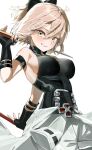  1girl ahoge blonde_hair breasts clothes_around_waist commentary_request cosplay fate/grand_order fate_(series) fingerless_gloves gloves grey_eyes harada_sanosuke_(fate) harada_sanosuke_(fate)_(cosplay) highres large_breasts nagisan_53 okita_souji_(fate) okita_souji_(koha-ace) ponytail shirt short_ponytail sleeveless sleeveless_shirt white_background 