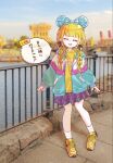  1girl ^_^ animal_ear_hairband animal_ears blue_skirt blurry blurry_background braid closed_eyes commentary_request fake_animal_ears fujita_kotone full_body gakuen_idolmaster hairband idolmaster jacket long_hair long_sleeves maashiiya mouse_ears multicolored_jacket open_clothes open_jacket outdoors plaid_clothes plaid_skirt railing shirt shoes skirt smile sneakers socks solo speech_bubble translation_request twin_braids white_socks yellow_shirt yellow_shoes 