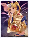  2girls absurdres alternate_costume blonde_hair blue_kimono bocchi_the_rock! chinosuke_(cs4126) commentary_request fox_mask gotoh_hitori gotoh_hitori_(tsuchinoko) highres holding ijichi_nijika japanese_clothes kimono long_hair looking_at_viewer mask multiple_girls night obi outdoors red_eyes sandals sash smile squatting teeth yellow_kimono 