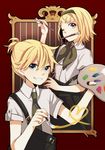  1girl art_brush black_neckwear blonde_hair blue_eyes brother_and_sister frame grin hair_ornament hairband hairclip heart kagamine_len kagamine_rin mouth_hold necktie one_eye_closed paintbrush painting palette ponytail short_hair short_ponytail siblings smile tama_(songe) twins vocaloid 