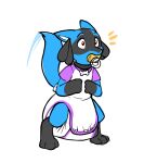 3_fingers 3_toes ambiguous_gender anthro bingleborf black_body black_collar black_fur blue_body blue_fur blue_tail bone_collar_tag button_(fastener) clean_diaper clothed clothing collar collar_tag diaper diaper_peekage diaper_under_clothing diaper_under_onesie ears_back feet fingers full-length_portrait fur generation_4_pokemon gloves_(marking) hi_res imminent_feces leg_markings lucario markings multicolored_body multicolored_fur nintendo object_in_mouth onesie pacifier pacifier_in_mouth pivoted_ears pokemon pokemon_(species) portrait rainydays raised_tail simple_background snapsuit socks_(marking) solo standing tail three-quarter_view toes two_tone_body two_tone_fur wearing_diaper white_background white_diaper white_inner_ear wide_eyed yellow_pacifier