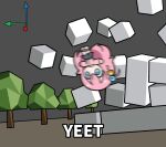  1girl blender_(software) blue_eyes bocchi_the_rock! chibi chibi_only commentary cube cube_hair_ornament english_commentary english_text full_body gotoh_hitori hair_ornament highres long_hair low_poly malrangdonut meme pink_hair solo t-pose tree yeet_(meme) 