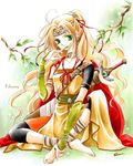  ankle_cuffs armor barefoot belt blonde_hair bracelet bridal_gauntlets cape choker copyright_request crossed_legs ear_piercing earrings feet green_eyes hoop_earrings jewelry leaf leg_warmers long_hair piercing ribbon ring shiina_satsuki sitting solo sword tree_branch tunic weapon 