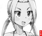  :d bare_shoulders gofu greyscale hagimura_suzu monochrome open_mouth seitokai_yakuindomo sketch smile solo spot_color traditional_media twintails 