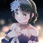  1girl 3: atarayo_hanabi averting_eyes bare_shoulders black_hair blue_one-piece_swimsuit braid closed_mouth collarbone commentary crown_braid detached_sleeves flower green_eyes hair_flower hair_ornament hand_on_own_chest highres light_frown link!_like!_love_live! lotus love_live! momose_ginko okome_(okome_l_l) one-piece_swimsuit raised_inner_eyebrows short_hair short_sleeves solo split_mouth swimsuit virtual_youtuber wavy_hair 