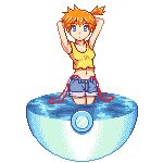  armpits arms_behind_head blue_eyes crop_top denim denim_shorts kasumi_(pokemon) lowres midriff orange_hair pixel_art poke_ball pokemon pokemon_(anime) pokemon_(classic_anime) shibui shorts side_ponytail solo strap_slip suspenders tank_top transparent_background wading water 