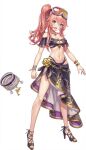  ai-generated anastasia_(brown_dust) armlet bikini black_bikini blue_eyes bracelet brown_dust brown_dust_(series) brown_dust_2 flower_ornament food-themed_hair_ornament frilled_skirt frills goggles goggles_on_head hair_ornament high_heels highres jewelry non-web_source peach_hair_ornament pink_hair purple_skirt ski_goggles skirt swimsuit 