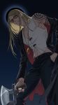  1boy artist_name black_coat black_nails black_pants black_sun blonde_hair chiamo_(lmc_clm) coat commentary fate/grand_order fate_(series) feet_out_of_frame glowing gradient_background gun hand_in_pocket handgun highres holding holding_gun holding_weapon jewelry long_hair looking_at_viewer male_focus midriff_peek nail_polish navel necklace orange-tinted_eyewear pants parted_lips shoulder_tattoo simple_background solo sun sunglasses tattoo tezcatlipoca_(fate) tezcatlipoca_(first_ascension)_(fate) tinted_eyewear two-sided_coat two-sided_fabric vest weapon white_vest 