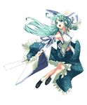  aqua_hair armpits blue_eyes breasts detached_sleeves frog full_body gohei hair_ornament highres ichikawa_ryuunosuke kochiya_sanae large_breasts loafers long_hair navel open_mouth outstretched_arm sarashi shoes simple_background smile snake solo touhou weapon wide_sleeves 