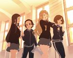  :o blazer blonde_hair brown_hair closed_eyes extra eyebrows glasses hair_over_one_eye hairband hands_on_shoulders jacket k-on! kinoshita_shizuka kneehighs kotobuki_tsumugi long_hair matsumoto_mifuyu mizuki_makoto multiple_girls school_uniform shima_chizuru shoes short_hair skirt smile socks track_suit uwabaki white_legwear window 