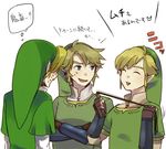  artist_request blonde_hair blue_eyes crossed_arms earrings gloves hat jewelry link lowres male_focus multiple_boys multiple_persona pointy_ears smile the_legend_of_zelda the_legend_of_zelda:_ocarina_of_time the_legend_of_zelda:_skyward_sword the_legend_of_zelda:_twilight_princess translated whip 