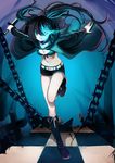  bad_id bad_pixiv_id bikini_top black_hair black_rock_shooter black_rock_shooter_(character) blue_eyes boots burning_eye chain coat fire flame highres long_hair midriff navel ovos scar shorts smile solo sword weapon 