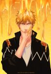  1boy absurdres artist_name black_jacket bleach commentary dirty dirty_face highres honey honeycomb_(pattern) honeycomb_background jacket jcell kurosaki_ichigo male_focus orange_eyes orange_hair serious signature solo upper_body v-shaped_eyebrows watermark 