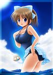  bare_shoulders blue_eyes blue_sarong bow breasts brown_hair cloud day hair_bow large_breasts minami_shinju one-piece_swimsuit original ponytail print_sarong sarong school_swimsuit shell short_hair sky solo sparkle swimsuit thighs wading water wet 