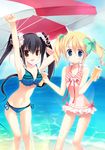  bikini black_hair blonde_hair blue_eyes casual_one-piece_swimsuit drink highres long_hair mizore_maji multiple_girls one-piece_swimsuit original red_eyes swimsuit twintails umbrella 