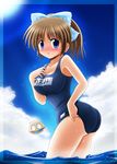  blue_eyes blush bow brown_hair cloud day hair_bow minami_shinju name_tag one-piece_swimsuit original school_swimsuit shell short_hair solo swimsuit wading water wet 